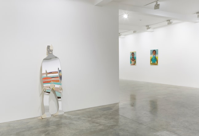 Installation view of paintings and sculptures by Tschabalala Self