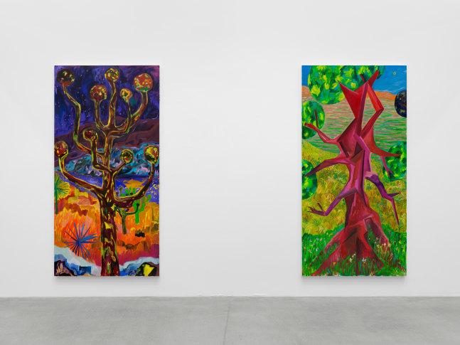 Installation view, Shara Hughes, Tree Farm, Galerie Eva Presenhuber, Waldmannstrasse, Zurich, 2024
