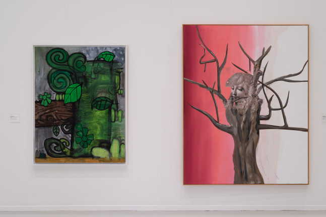 Installation view of paintings by Albert Oehlen and Carroll Dunham