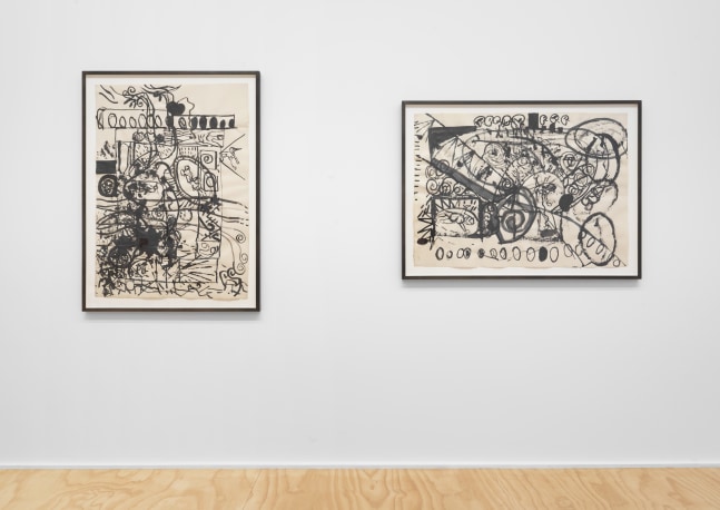 Installation view of Tobias Pils paintings and ink works on paper exhibition