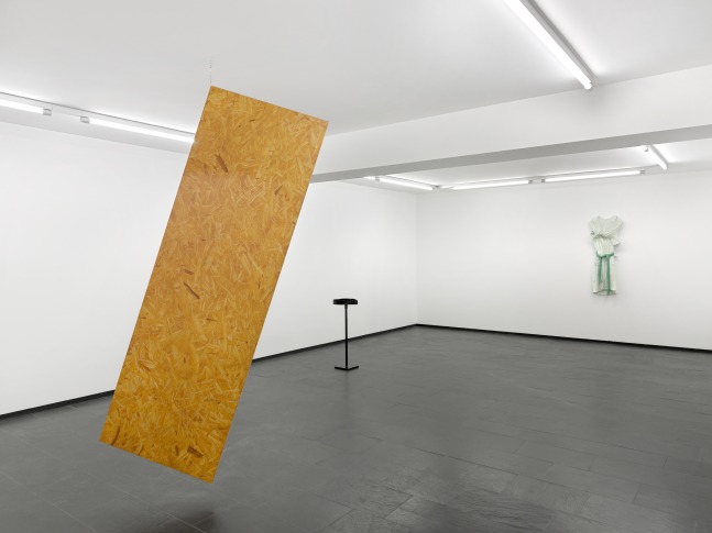 Installation view of paintings and sculptures by Valentin Carron