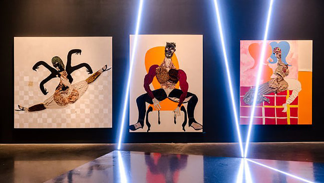 Installation view of paintings and sculptures by Tschabalala Self