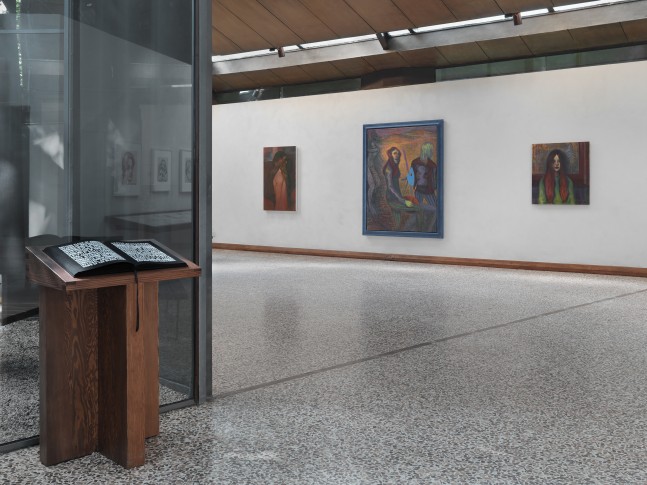 Installation view of paintings by Steven Shearer