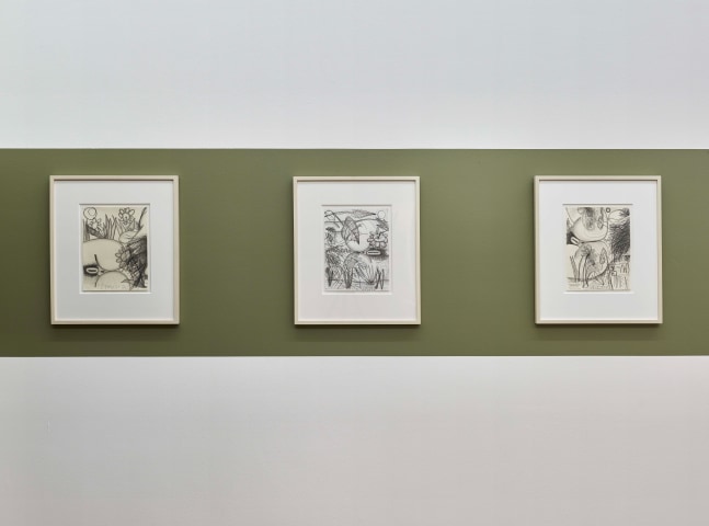 Installation view of drawings by Carroll Dunham
