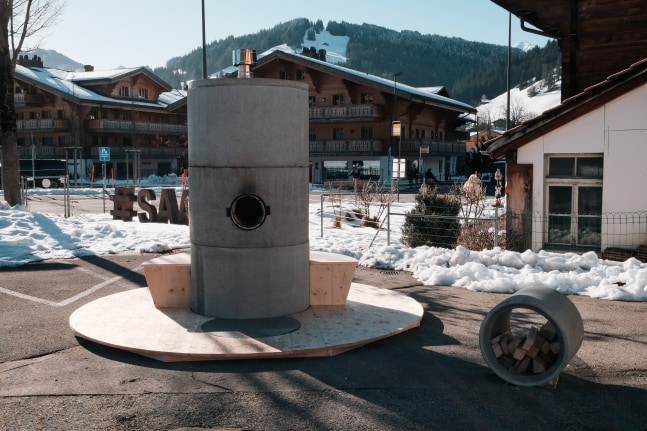 Installation view, Oscar Tuazon, Fire Worship, Elevation 1049, Saanen, 2025