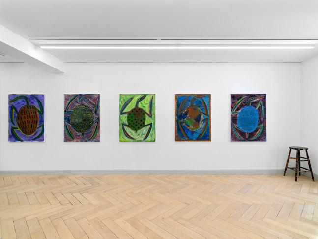 Installation view of Josh Smith paintings, monotypes, and ceramics exhibition