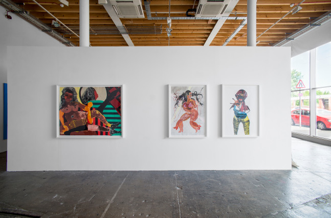 Installation view of paintings by Tschabalala Self