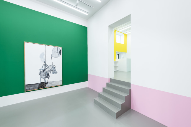 Installation view of paintings by Tobias Pils and wall paintings by Gerwald Rockenschaub