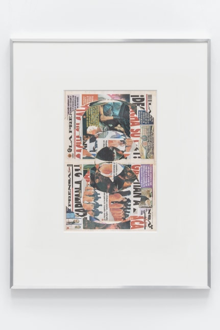 Blind Collage (Seven 180&amp;ordm; Rotations, La Prensa Jalisco: Guadalajara, Mexico, Monday, February 16, 2015)

2021

Newspaper, tape, and 22 karat gold leaf

Sheet 57.5 x 38 cm / 22 5/8 x 14 7/8 inches

BESHT47878