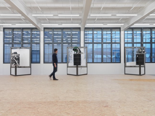 Installation view of Oscar Tuazon sculptures and floor installation exhibition