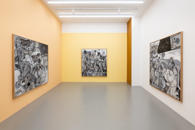 Installation view of paintings by Tobias Pils and wall paintings by Gerwald Rockenschaub