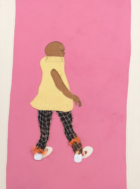 Painting by Tschabalala Self, Lil Mama 2 2020 Fabric, craft paper, tulle, dyed canvas, acrylic on canvas