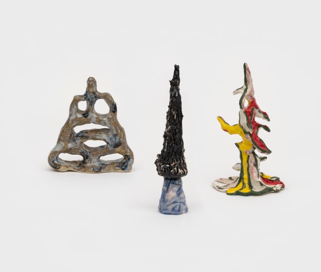 Tree Farm Group 12

2024

Glazed and painted ceramics; 3 parts

Object A 16 x 9 x 3 cm / 6 1/4 x 3 1/2 x 1 1/8 in

Object B 25 x 4 x 4 cm / 9 7/8 x 1 5/8 x 1 5/8 in

Object C 22 x 6 x 6 cm / 8 5/8 x 2 3/8 x 2 3/8 in

&amp;copy; Shara Hughes