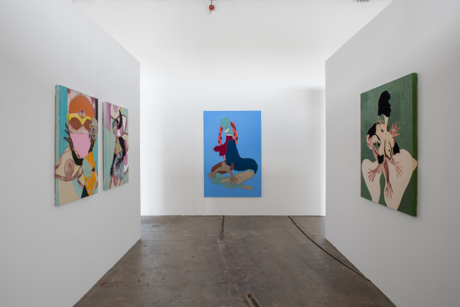Installation view of paintings by Tschabalala Self