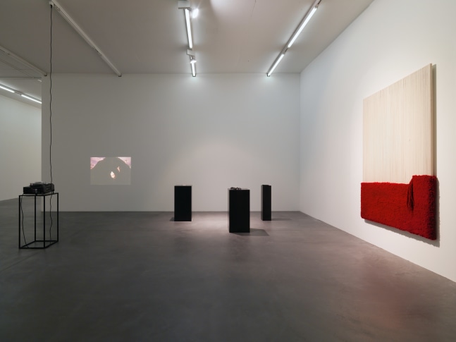 Installation view of paintings, video works and wall works by Latifa Echakhch