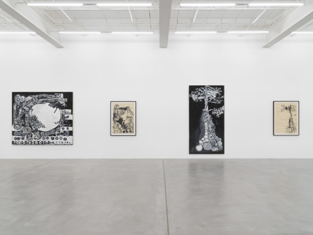 Installation view of Tobias Pils paintings and ink works on paper exhibition
