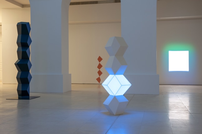 Installation view of sculptures and painting by Angela Bulloch