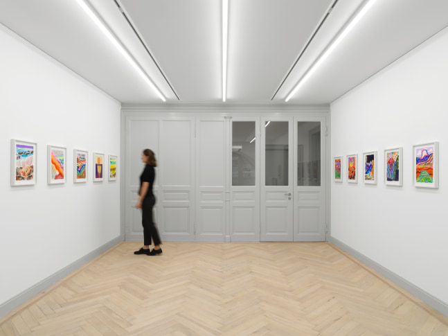 Installation view of Shara Hughes paintings and works on paper exhibition