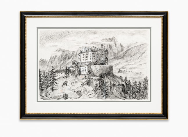 drawing of a castle in the hills by Karen Kilimnik