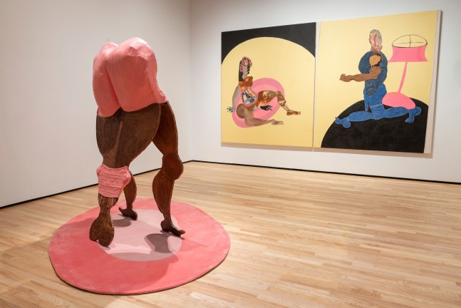 Installation view of paintings and sculptures by Tschabalala Self
