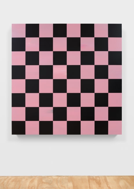 checkerboard painting in pink and black by Sarah Ortmeyer