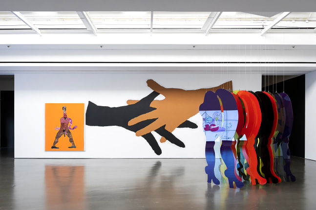 Installation view of paintings and sculptures by Tschabalala Self