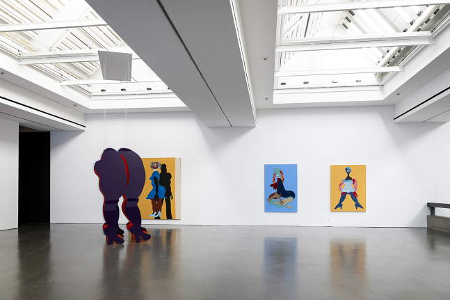 Installation view of paintings and sculptures by Tschabalala Self