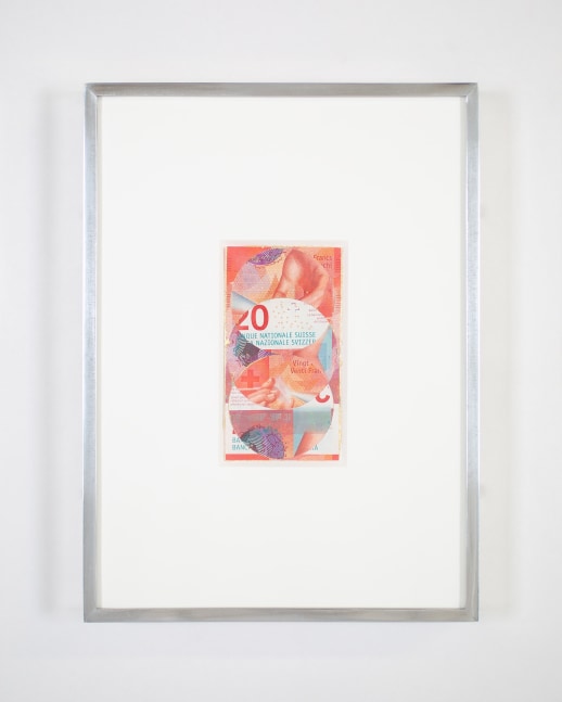 Blind Collage (Three 180&amp;deg; Rotations, Swiss National Bank Twenty- Franc Note: Series 2017, Issued by Banque Nationale Suisse, Printed in Z&amp;uuml;rich, Switzerland by Orell F&amp;uuml;ssli Security Printing Ltd., Designed by Manuela Pfrunder GMBH, Serial No. 15G6430522, #2)
2021
Swiss National Bank twenty-franc note, tape, and 22 karat gold leaf
Object 7 x 13 cm / 2 3/4 x 5 1/8 inches
Frame 24 x 32.5 cm / 9 1/2 x 12 7/8 inches
BESHT48261
