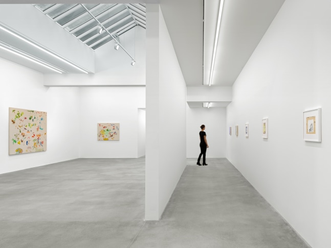 Installation view of Sue Williams painting and collage exhibition