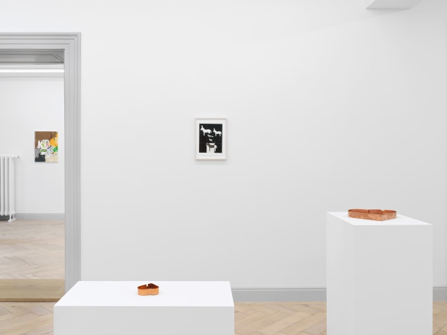 Installation view of Valentin Carron collage and sculpture exhibition