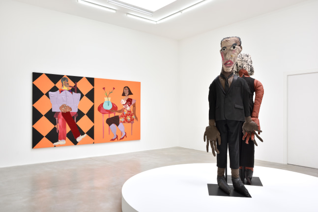 Installation view of paintings and sculptures by Tschabalala Self