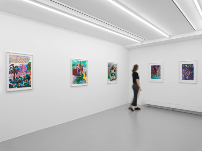 Installation view of Shara Hughes paintings and works on paper exhibition