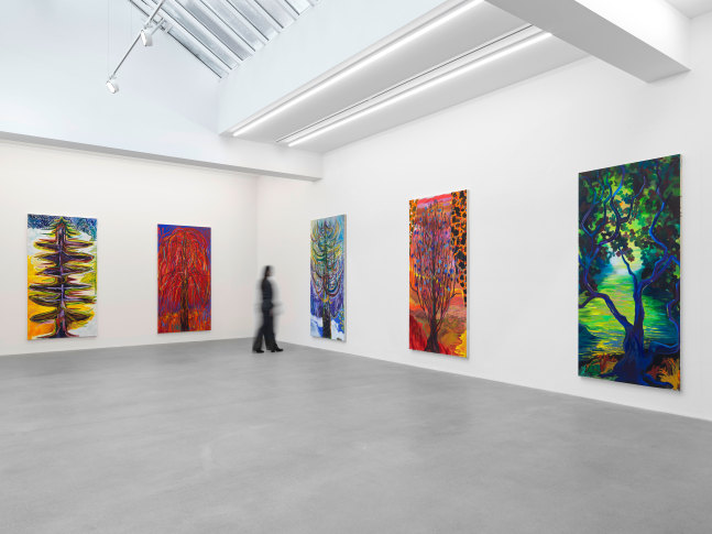 Installation view, Shara Hughes, Tree Farm, Galerie Eva Presenhuber, Waldmannstrasse, Zurich, 2024