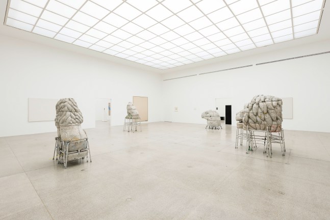 Installation view of sculptures by Justin Matherly and various works by other artists