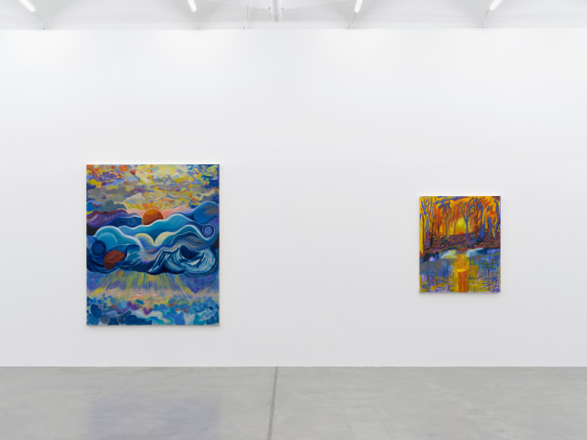 Installation view of Shara Hughes paintings