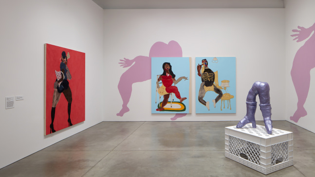 Installation view of paintings and sculptures by Tschabalala Self