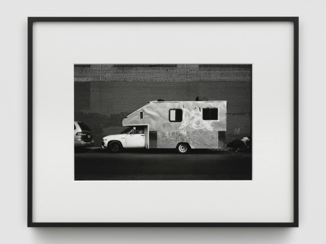 Black and white photograph of mobile homes by Walead Beshty