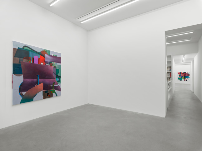Installation view of paintings and video by Alex Hubbard