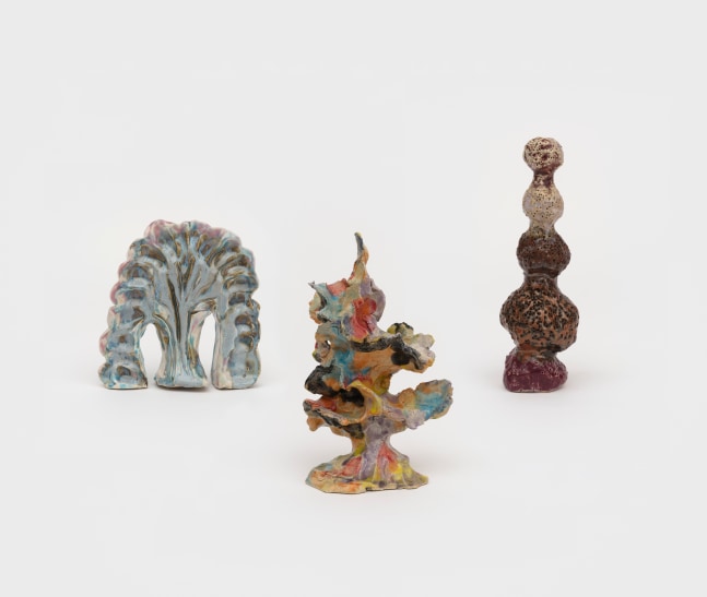 Tree Farm Group 3

2024

Glazed and painted ceramics; 3 parts

Object A 15 x 9 x 4 cm / 5 7/8 x 3 1/2 x 1 5/8 in

Object B 20 x 6 x 5 cm / 7 7/8 x 2 3/8 x 2 in

Object C 19 x 4 x 4 cm / 7 1/2 x 1 5/8 x 1 5/8 in

&amp;copy; Shara Hughes