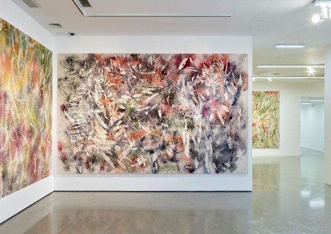 Installation view of paintings by Sam Falls