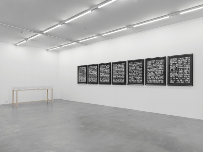 Installation view of Steven Shearer paintings, drawings, and printed works exhibition