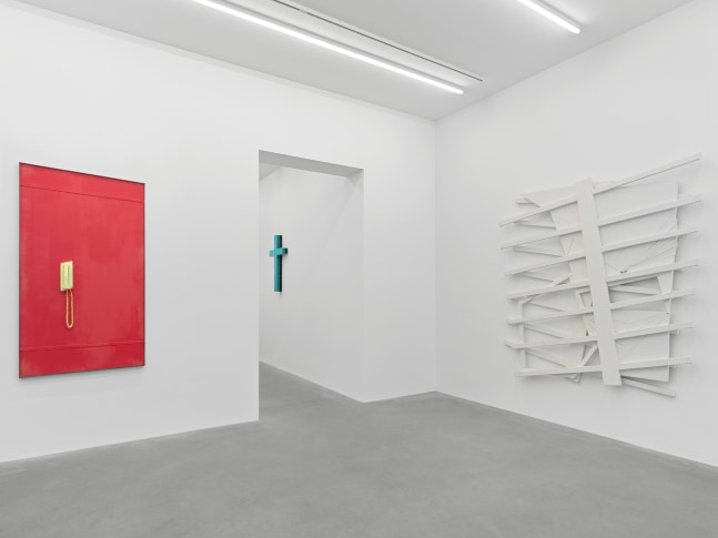 Installation view of group painting, print, and sculpture exhibition