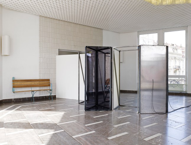 Installation view of sculptures by Oscar Tuazon