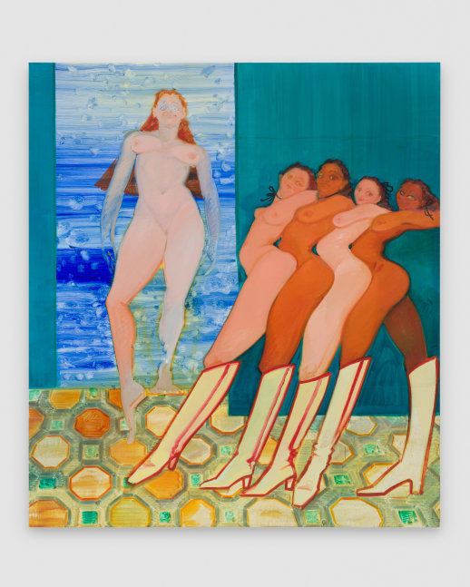 painting of five women in front of a blue background by Sofia Mitsola