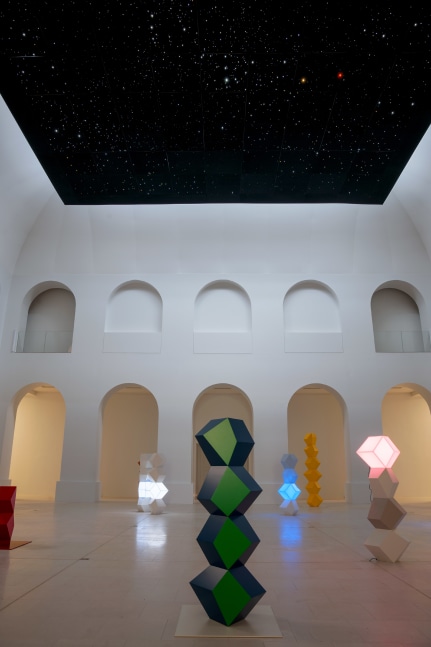 Installation view of sculptures and painting by Angela Bulloch