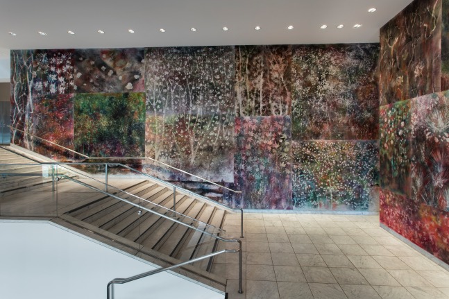 Installation view of paintings by Sam Falls