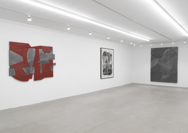 Installation view of Wyatt Kahn wall reliefs and works on paper