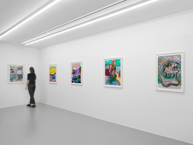 Installation view of Shara Hughes paintings and works on paper exhibition