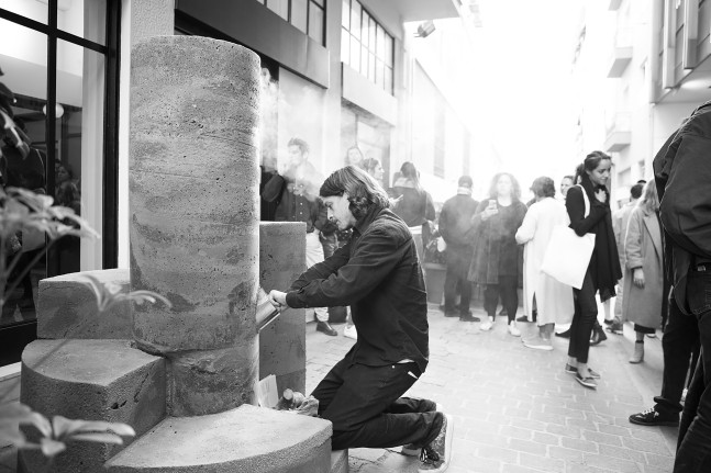 Installation view of sculpture by Oscar Tuazon