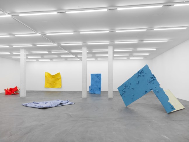 Installation view of Alex Hubbard sculptural paintings and film exhibition